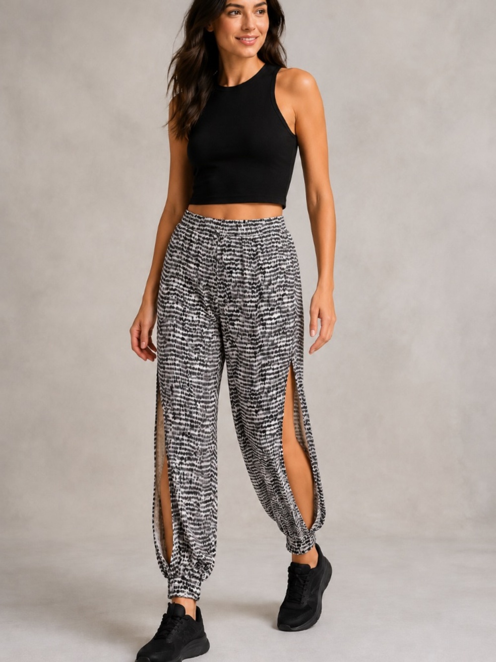 GREEN DRAGON Black White Yoga Swim Cover Pants Split Leg Side Slit Joggers Sz XL